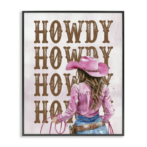 Stupell Industries Pink & Brown Howdy Cowgirl People Painting Black Framed Art Print Wall Art, 11 x 14
