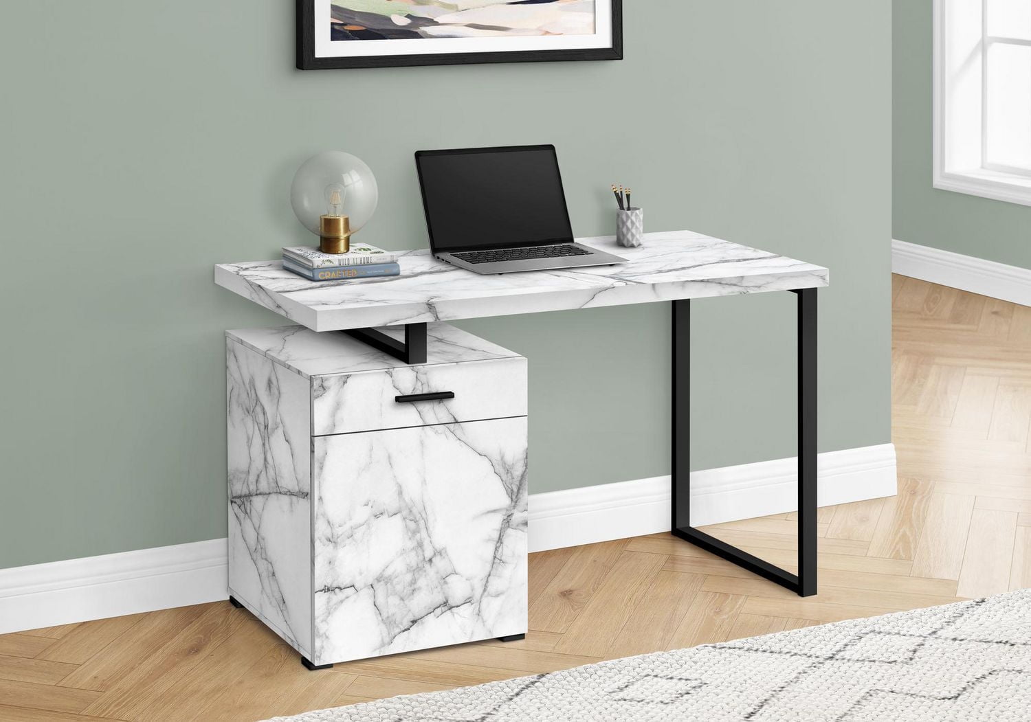 Monarch Specialties Computer Desk, Home Office, Laptop, Left, Right Set-up, Storage Drawers, 48"l, Work, Metal, Laminate, White Marble Look, Black, Contemporary, Modern