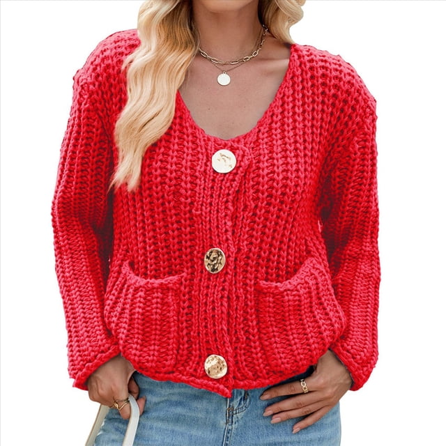 Cárdigan Corto de Punto de Larga para Mujer 2025, Suéter Informal de Crochet con Botones y Bolsillos Gran Rojo M