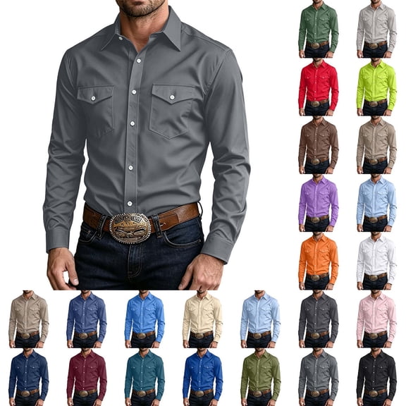 DYTTDG Men's Dual Chest Pocket Lapel Western Shirt, Solid Long Sleeve Button Up Regular Fit Casual Business Work Top