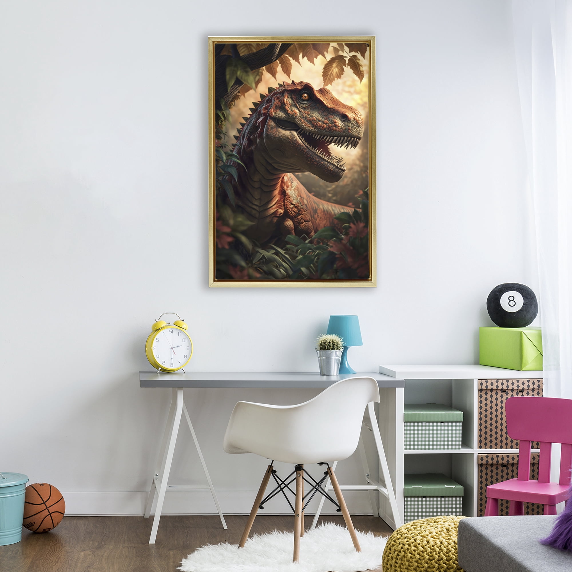 Stupell Industries Jungle Raptor with Ancient Foliage Gold Framed Floater Canvas Wall Art, design by Creative Studio