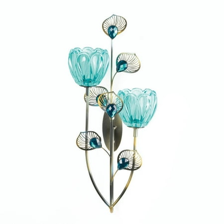

14.25 Blue and Gold Peacock Blossom Candle Wall Sconce