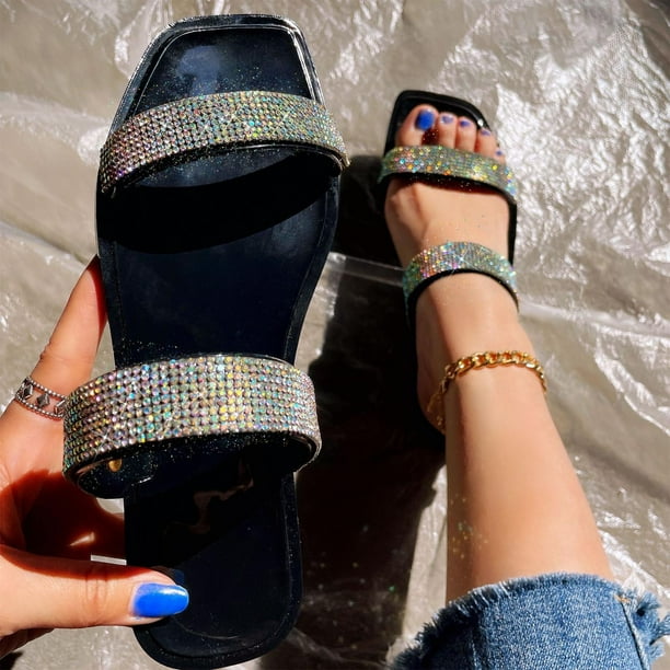 Sandalias de verano para mujer, sandalias planas sin cordones, zapatos romanos de cristal, sandalias informales con punta abierta, zapatillas Wmkox8yii ytu8782