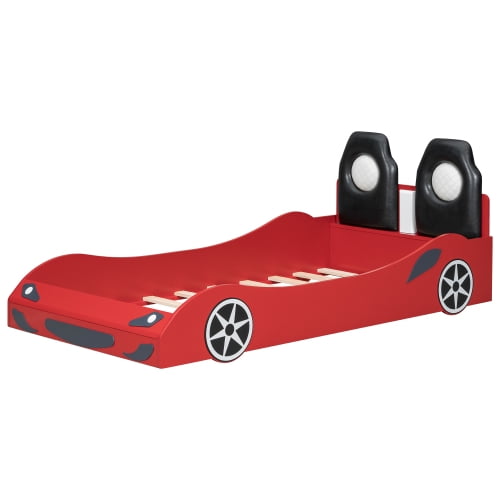 Twin Size Car-shaped Platform Bed with LED and Upholstered Backrest Headboard, Platform Bed Frame with Wheels and Safety Guardrails, No Box Spring Needed, Red