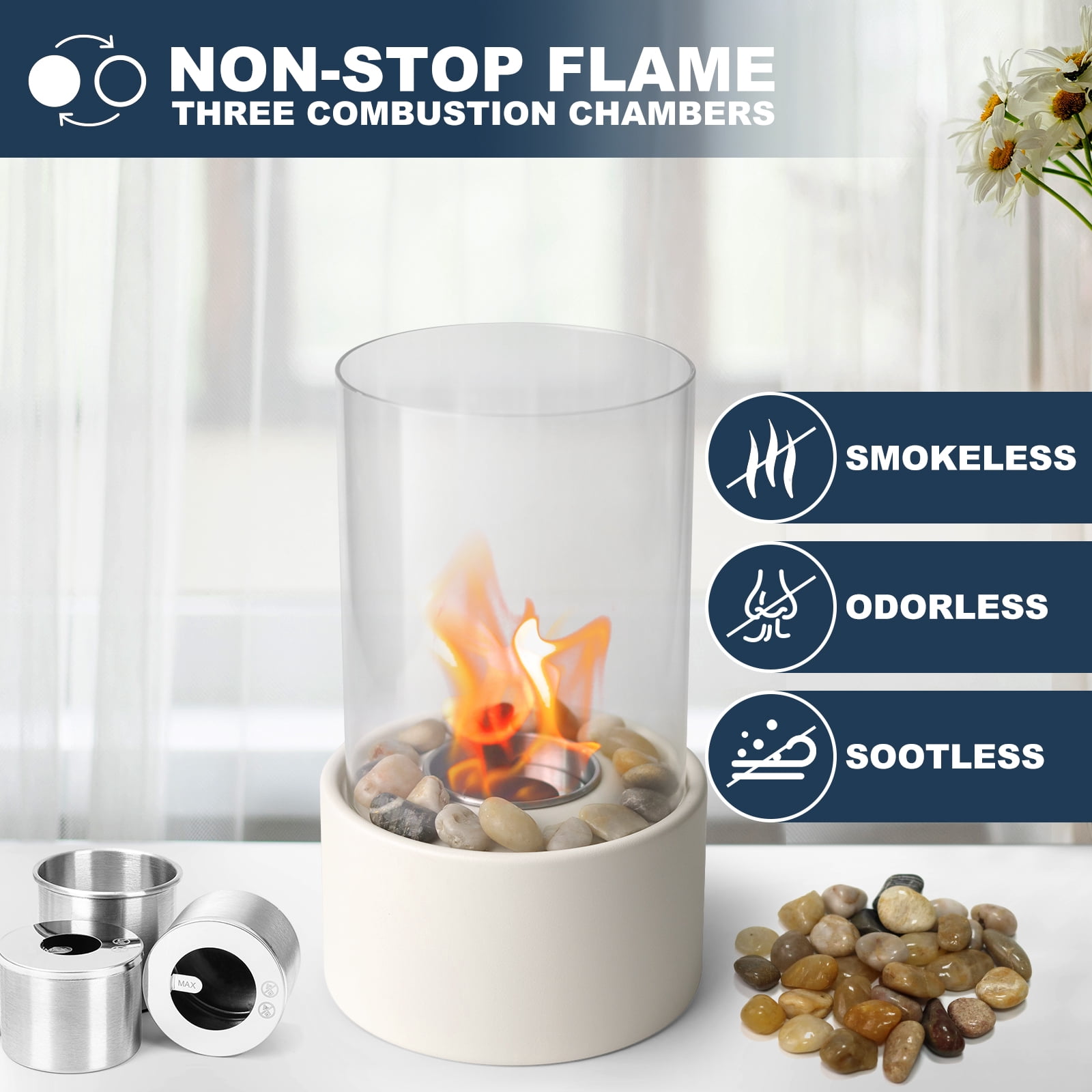 Portable Tabletop Fire Pit with 3 Combustion Charmbers,Indoor & Outdoor Table Top Firepit Bowl, Mini Fireplace with Cobblestones for Modern Home Decoration