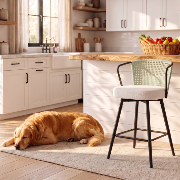 Sailvan Swivel Bar Stool Set of 1, 35.8" Rattan Counter Height Bar Chairs with Back & Footrest, Modern Upholstered Counter Stools for Kitchen Island, Easy Assembly, White
