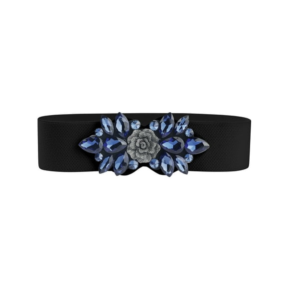Cinturones elásticos para mujeres, banda de cintura de flores de rosa vintage elegante con rhinestones para vestido abrigo 70x6cm/27.6x2.4" banda negra-azul