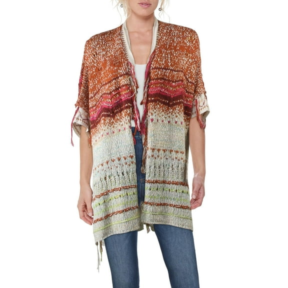 Free People Womens Skies The Limit Knit Fringe Cardigan Sweater Brown S