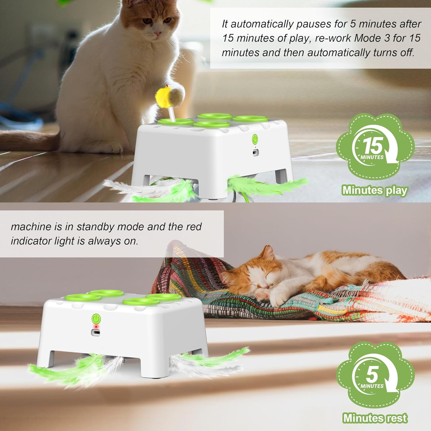 2-in-1 Cheese Box Interactive Cat Toys Automatic Cat Toy, 4 Holes Mice Whack A Mole &  Moving Feather& Squeaky, Portable USB Rechargeable Electronic Kitten Toys (White)