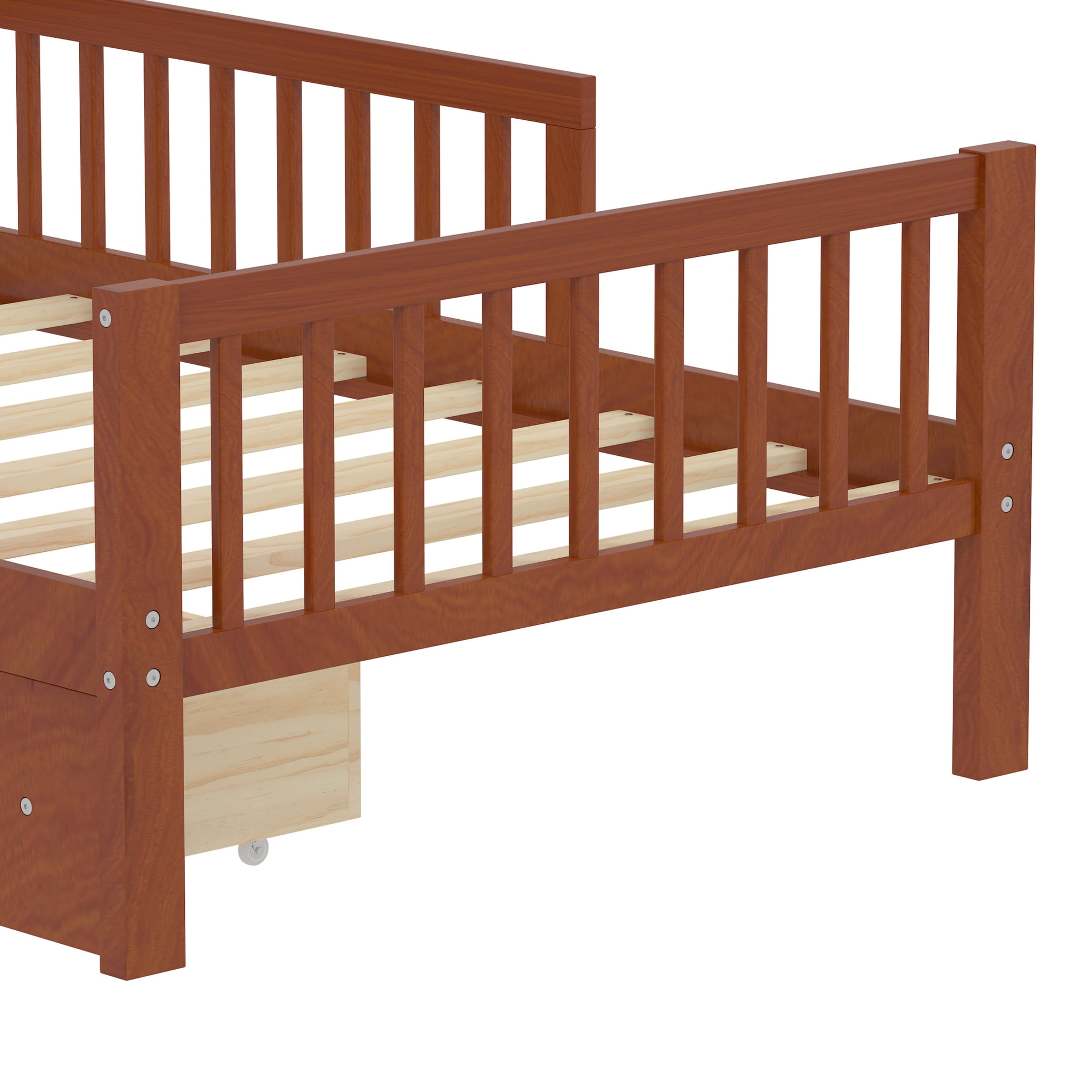 Noble House Twin Bed Frame with Headboard Storage Rack, 2 Drawers, and Safety Guardrails, Walnut