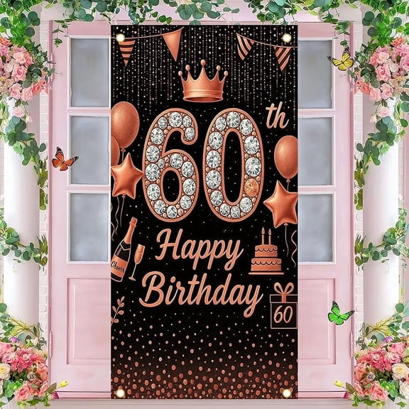 60th Birthday Door Cover Happy 60 Birthday Decoration Banner for Women Men Rose Gold Black Glitter Party Backdrop for Party Supplies Wall Front Porch Decor