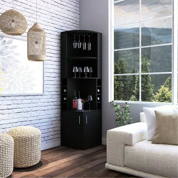Black Corner Bar Cabinet With Glass Rack And Double Door, 8 Built-in Wine , Holder Shelf Rack, At Bottom, 3 Open Shelves In Stemware Display Beneath,