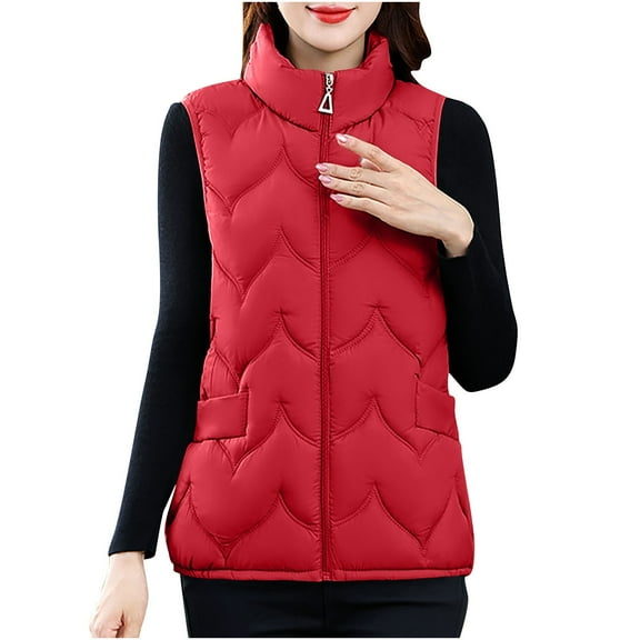 Hueook Womens Puffer Vest Women's Sleeveless Solid Color Warm Casual Jacket without Hat Pockets Red XL
