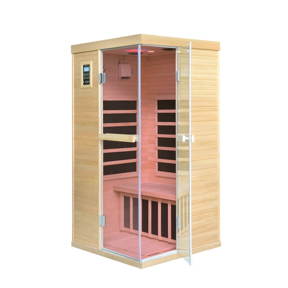 Far Infrared Sauna, 1-Person Canadian Hemlock Dry Sauna- 1350W Low EMF, 5 Heating Plates, Oxygen Bar, Chromotherapy, Bluetooth Speaker - 33.5x33.5x69in for Home Relaxation