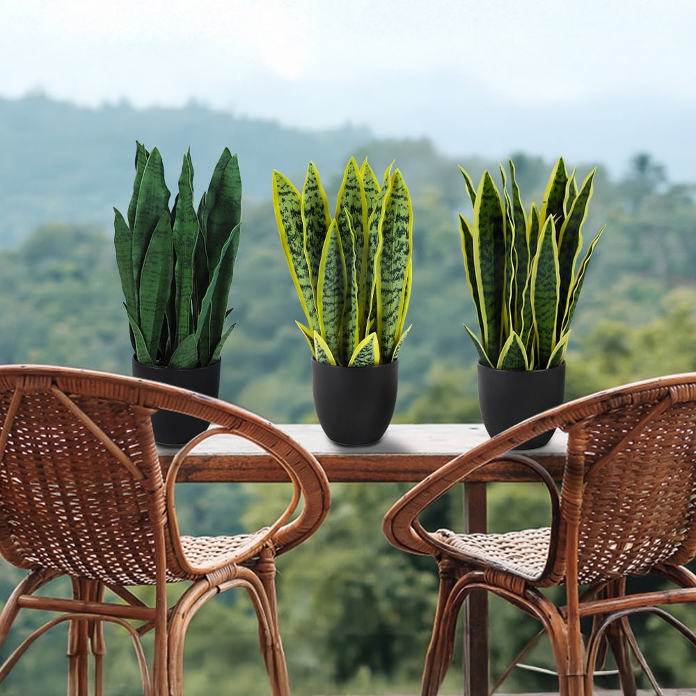 Set of 3 Realistic Artificial Potted Plant Faux Sansevieria Gold Edge Snake Plant Long Green Leaf Indoor Outdoor Decorative Ornament