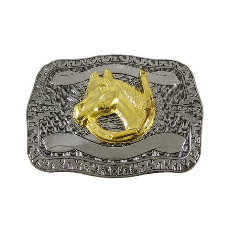 Horse Head Horseshoe Belt Buckle - Chrome Plated Golden Horse Head Western Belt Buckle