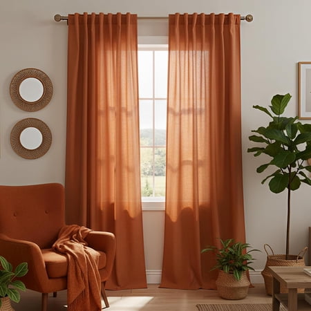 Linen Curtains for Living Room, Burnt Orange Boho Back Tab Light Filtering Mid Century Modern Retro Decor Window Curtain Drapes Bedroom Room 84 Inches Long, 2 Panels Set