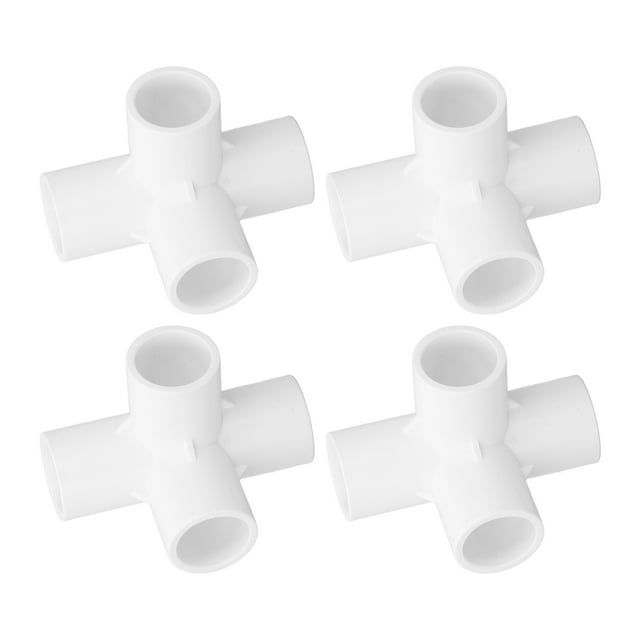 conector de montaje de pvc de 10 piezas anggrek conector de codo de 4 vías blanco y negro vista cenital de cuatro conectores; cada pieza en forma de cruz con cuatro tomas cilíndricas lisas de PVC de aprox. 25 mm (0,98 in) de diámetro interior, diseñada para uniones en ángulo recto en plomería, muebles y marcos de invernadero; a menudo usado también para armazones de pérgolas pequeñas.