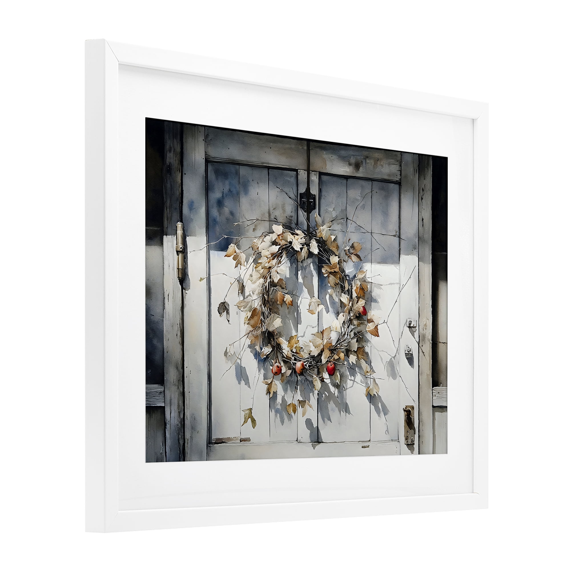 Stupell Industries Rustic Wreath on White Door White Framed Print Under Glass, design by Franklyn Gregory