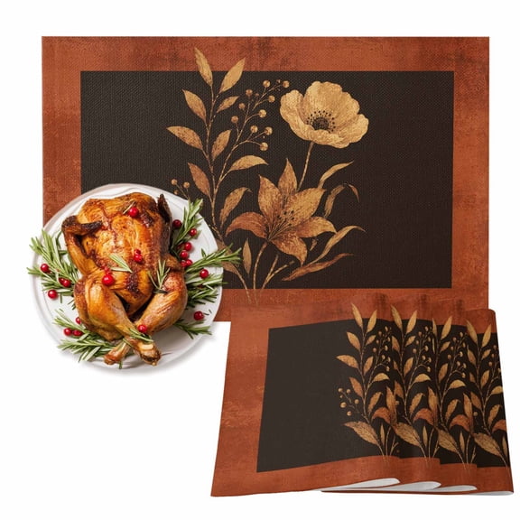 Lily Flower Cotton Linen Placemats Set of 1, Rustic Vintage Floral Gold Plant Leaves Brown Border Washable Table Place Mats Heat Insulating Placemat for Dining Room Kitchen Daily Use 13 x 19 Inch