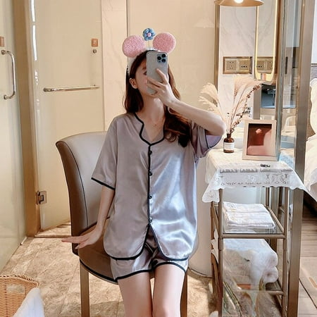 

PIKADINGNIS Womens Sleepwear Set Candy Colors Short Set Pajamas for Women Silk Pajama Set Sweet Short Sleeve Top & Shorts Summer Pijama