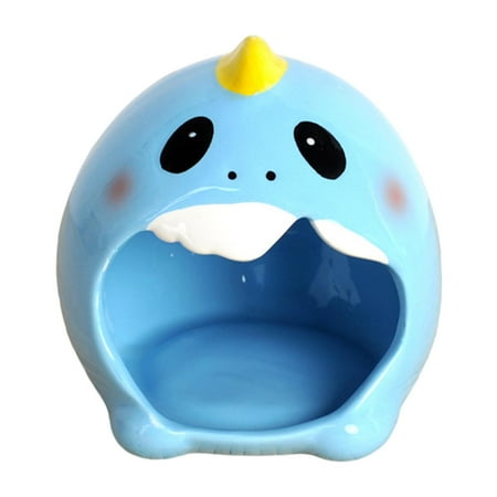 Small Animal Ceramic Critter Bath, for Dwarf Hamsters and Gerbils, Pet Hideout Hut Cave - Blue