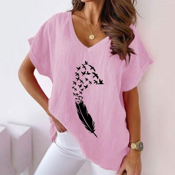 Gibobby Blusa Casual de Mujer Camiseta manga corta murcielago casual algodon con cuello en V y estampado golondrina para mujer Rojo G Walmart en linea