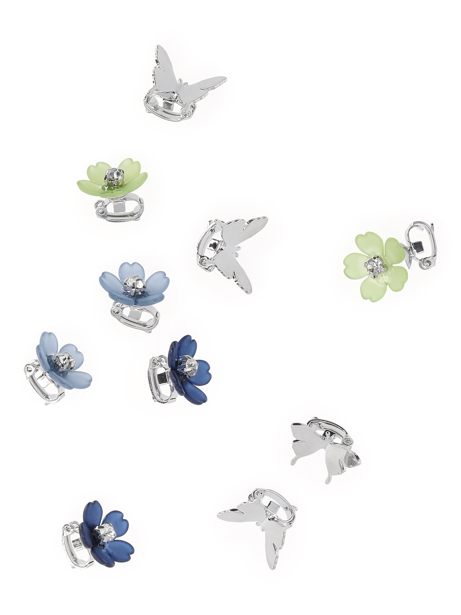No Boundaries Butterfly and Flower Mini Hair Claw Clips Set, 10-Piece, Women's, Blue/Silvertone