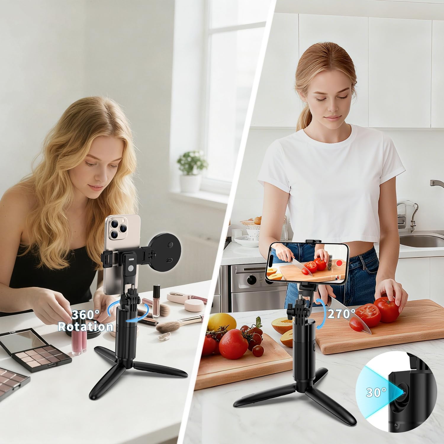 Auto Face Tracking Tripod 360 Rotation iPhone Desk Stand. Cell Phone Photo Vlogging Kit with Remote & Gesture Control. Rechargeable Smart Shooting Selfie Fill Light Stand for Live Record No App