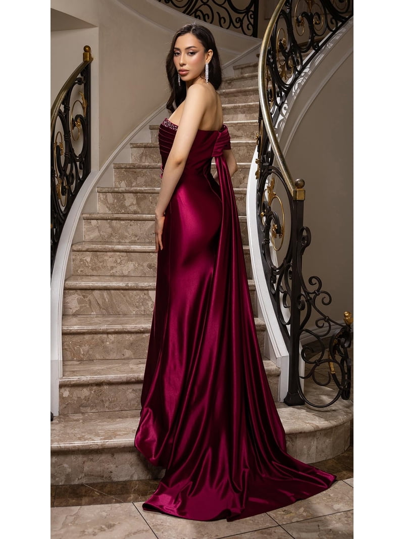 burgundy dress with train Burgundy Mermaid Sweep Train Long Prom Dress, Off Shoulder Satin Burgundy Evening Dress US 4 / Custom Color