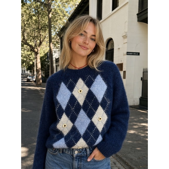 2026 European and American Autumn/Winter New Women's Crew Neck Argyle Plaid Floral Decor Long Sleeve Knit Sweater