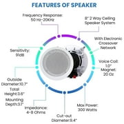 Home Theater Sound System Kit - 1000 Watts Bluetooth Amplifier w/ 2 QTY of 8 Framed Ceiling Speakers 300 W Each, 50 ft Speaker Wire & Remote Perfect for Home,Office, Restaurant, Bar by Technical Pro