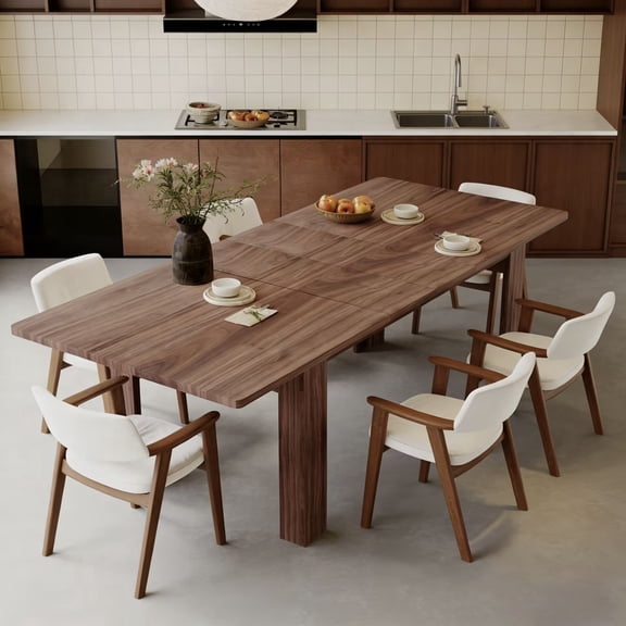 JassmiPkwy Solid Wood Extendable Dining Table for 4-8 People with Seamless Extension from 55 to 86.6 Inches for Small Spaces, Dining Room, Kitchen, Living Room-Brown