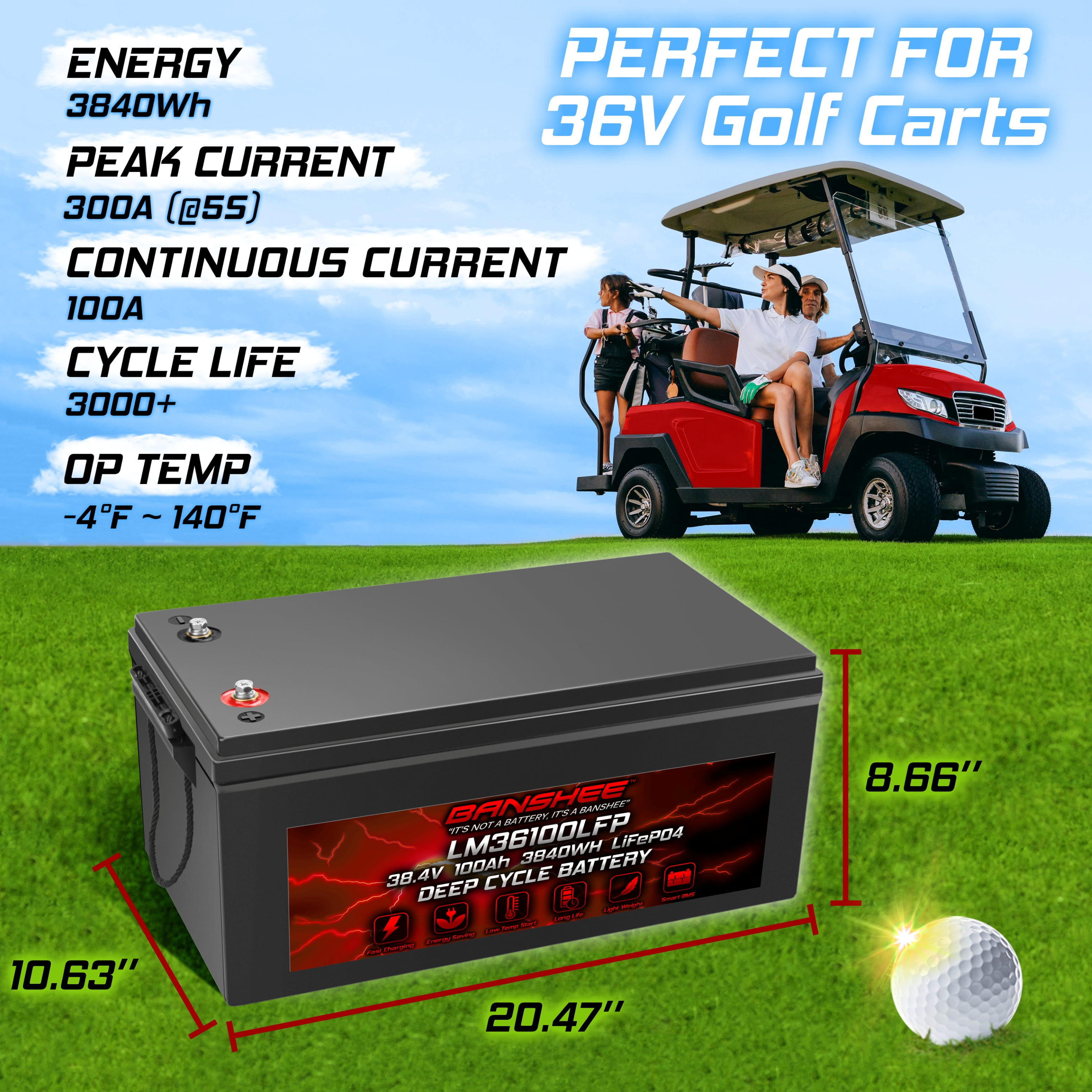 Banshee 36V 100Ah Golf Cart LiFePO4 Lithium Battery 1C 3.84kW For 36V/72V Carts