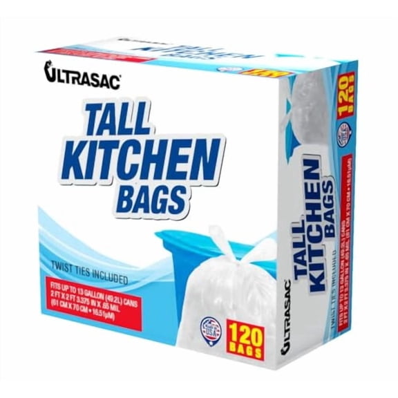Ultrasac 13 Gallon 0.6 MIL Tall Kitchen Bags With Twist Ties - 24" x 27" - Pack of 120 - For Home, Kitchen, Office, White