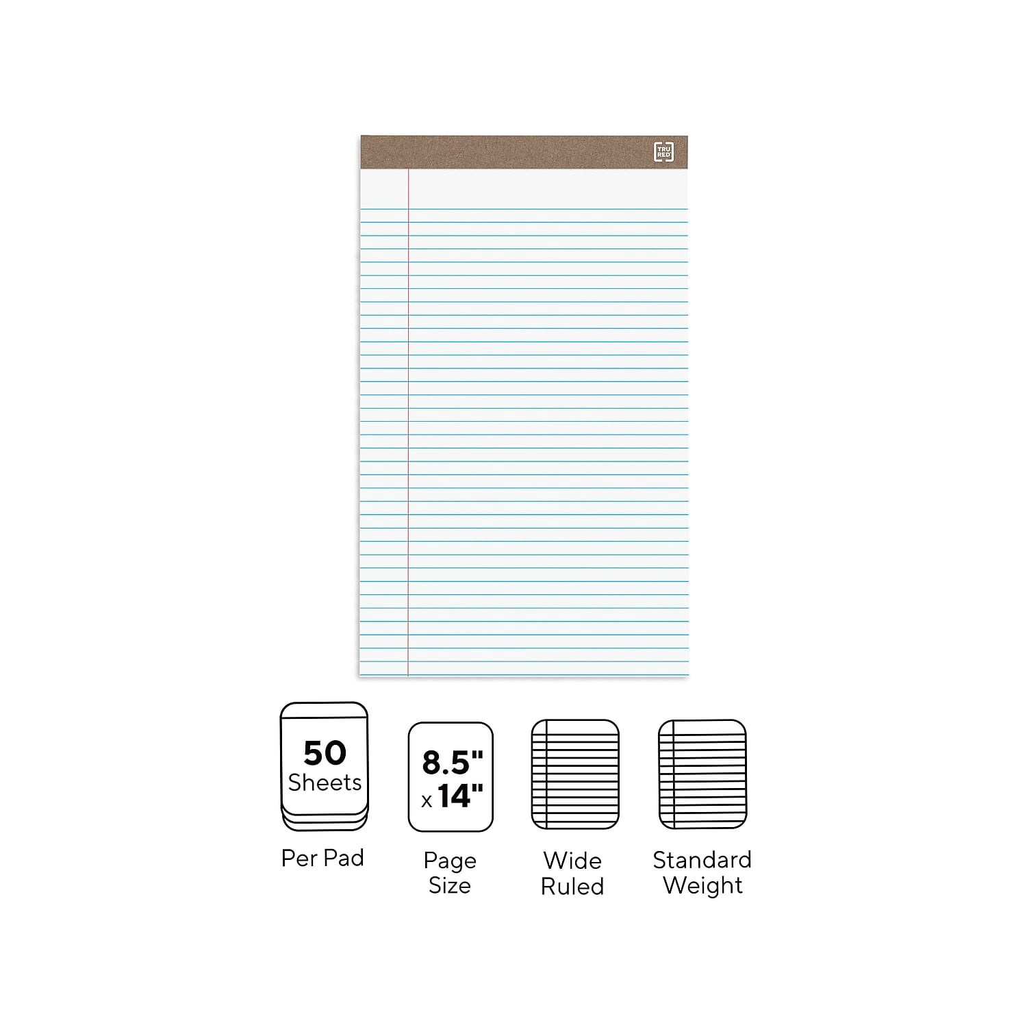 Staples Notepads 8.5" x 14" (legal) Wide Ruled White 50 Sheets/Pad 24/Carton TR59939/TR581VS