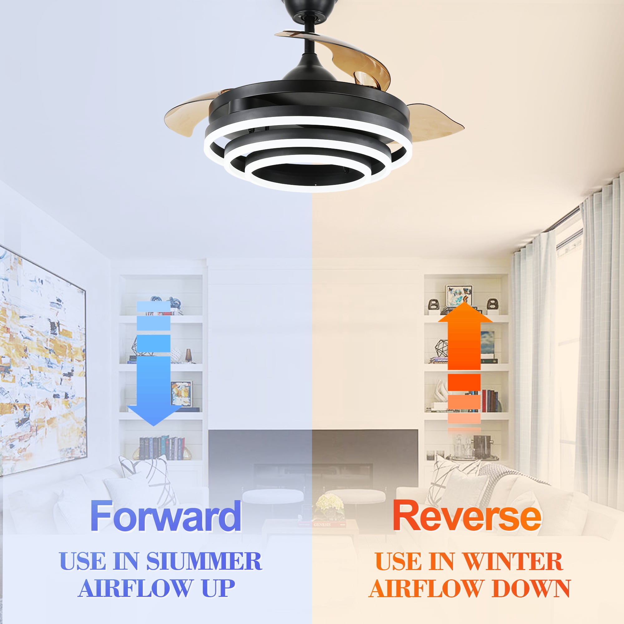 45W LED Retractable Ceiling Fan with Dimmable Remote Control, 42inch Black DIY Shape Reversible Ceiling Fan with 6-Speed and 3 Light Color