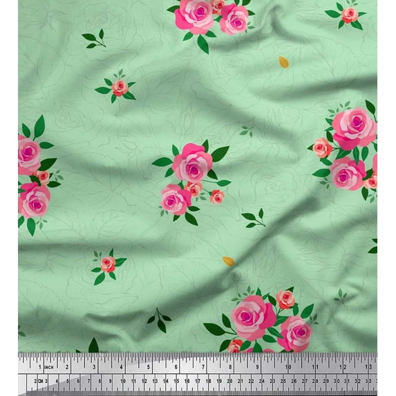 Soimoi Cotton Voile Fabric Leaves & Rose Flower Decor Fabric Printed Yard 56 Inch Wide