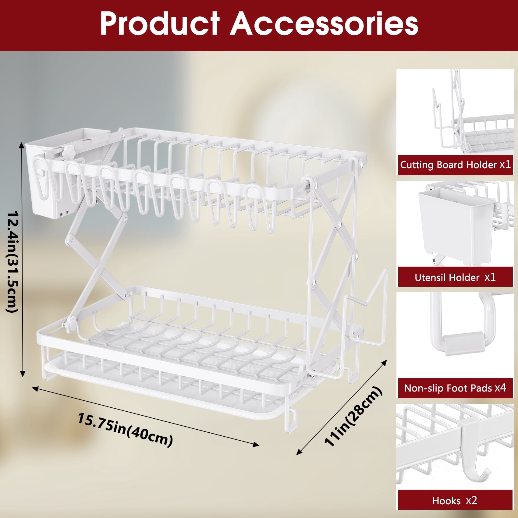 Glovv 2-Tier Large Dish Racks for Kitchen Counter, Space Saving Collapsible Dish Drying Rack, Dish Drainer Sink Organizer with Utensil Holder for Dishes, Spoons and Forks, White