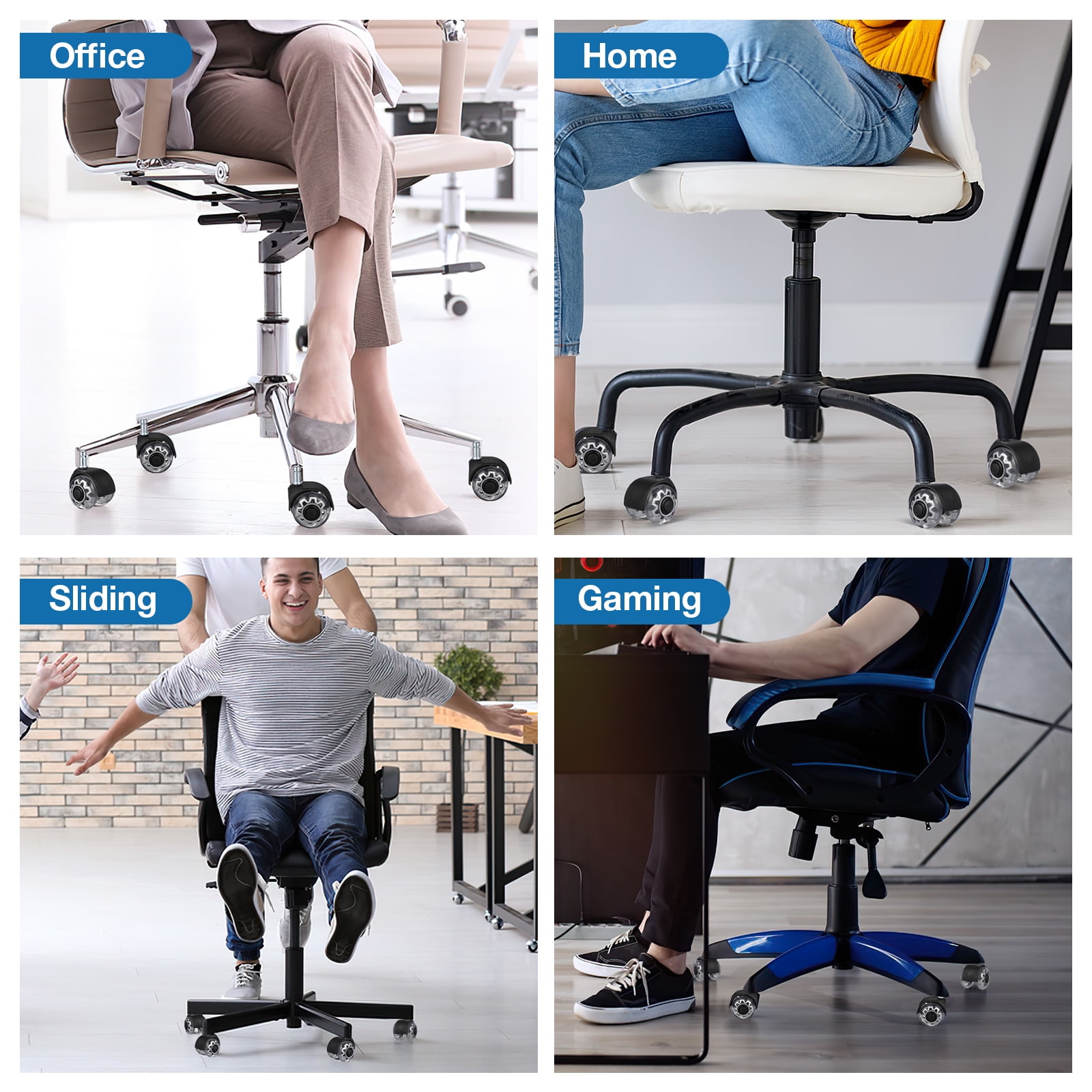 Office Chair Caster Wheels 2" Dual Wheels Set of 5 for Tile and Hardwood Floors, Universal Fit for Most Chairs (Transparent)