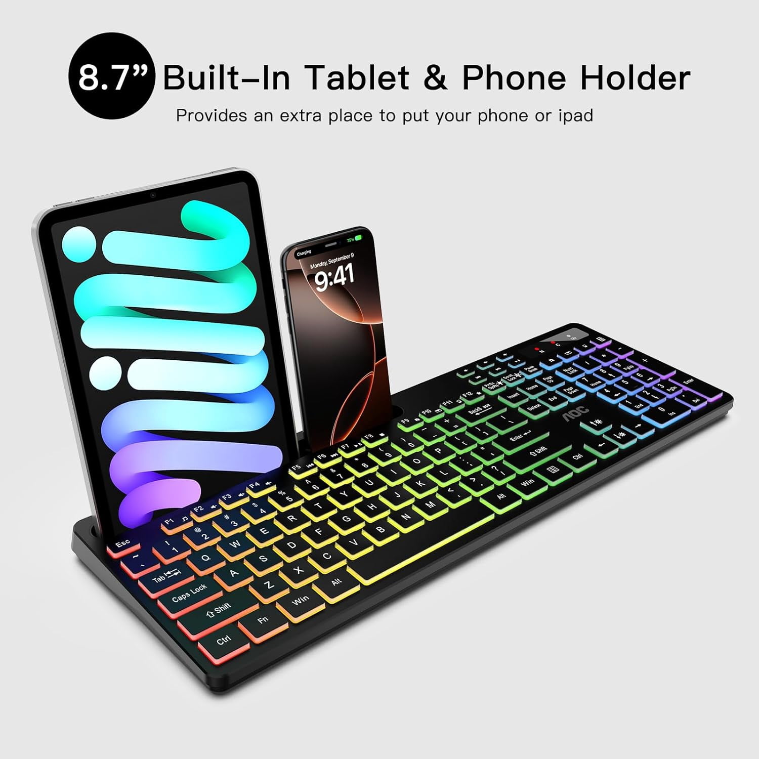 KB600 Wireless Keyboard with 7-Color RGB Backlit, 2.4GHz Full-Size Computer Phone Tablet Holder, Number Pad, 22 Multimedia Hotkeys, Rechargeable for Mac, Windows