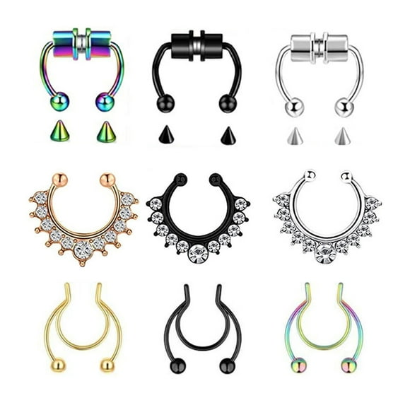 9pcs Stainless Steel Rhinestone Nose Rings Nose Cuffs Fake Nose Jewelry