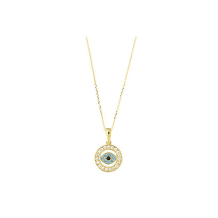 14k Yellow Gold Cubic Zirconia Simulated Blue Topaz Evil Eye Pendant Cable Chain