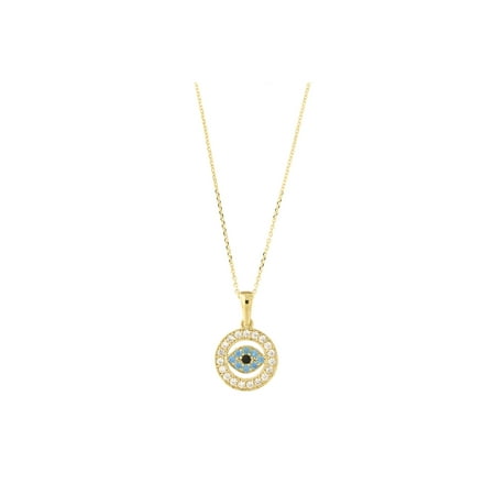 Greek Evil Eye Necklace 14k Yellow Gold Cubic Zirconia Simulated Blue Topaz Evil Eye Pendant Cable Chain Necklace ()