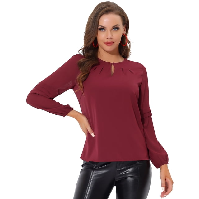 INSPIRE CHIC Chemisier en Mousseline pour Femme de Bureau Semi-Transparent Manches Longues Encolure Goutte d'Eau Blouse Élégante Haut Rouge Vin P