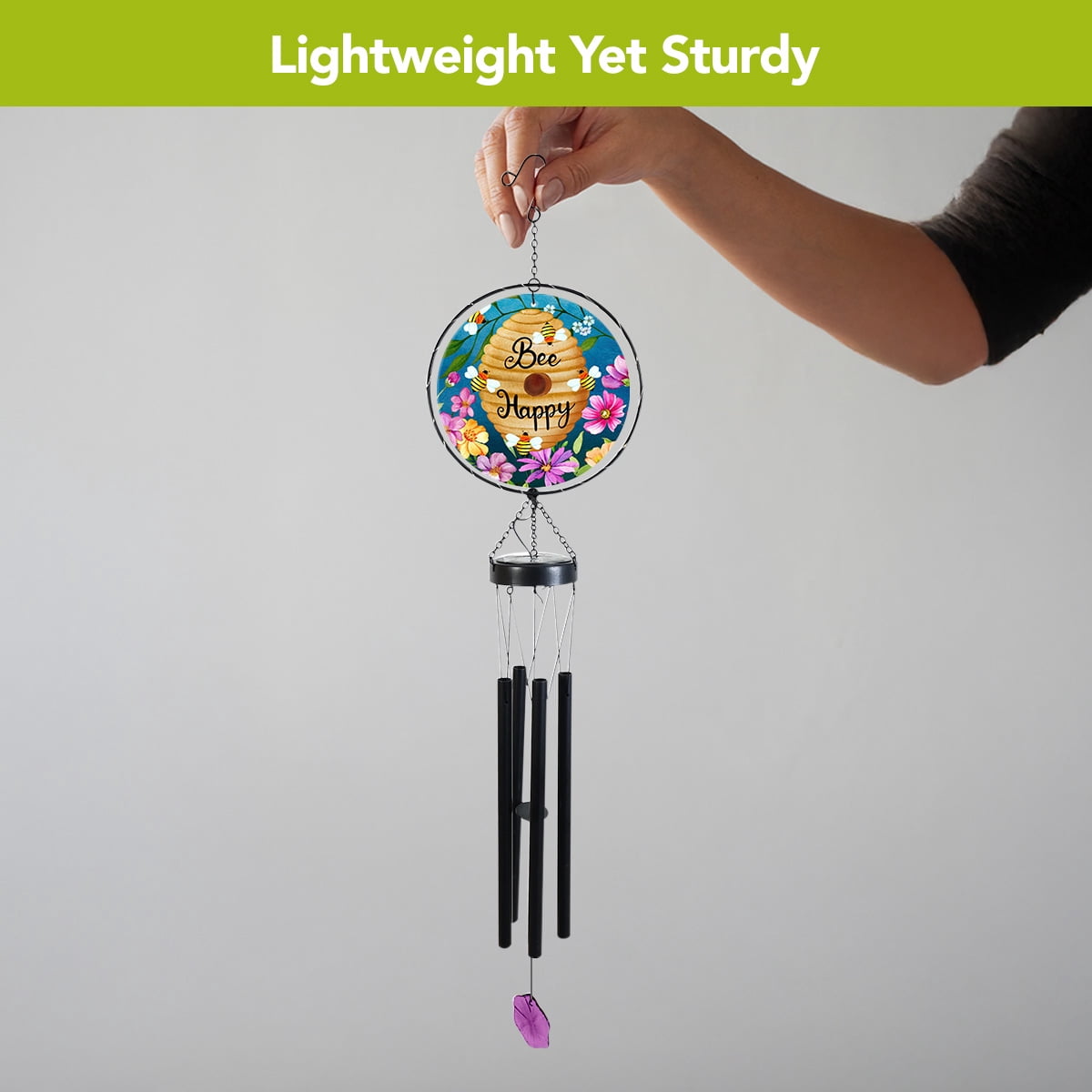 Briarwood Lane Spring LED Illuminated Solar Powered Glass Suncatcher  Wind Chime 37x8 Happy Beehive For Spring Wind Chime For Outdoors Melodic Metal Windchimes Wind-Chimes