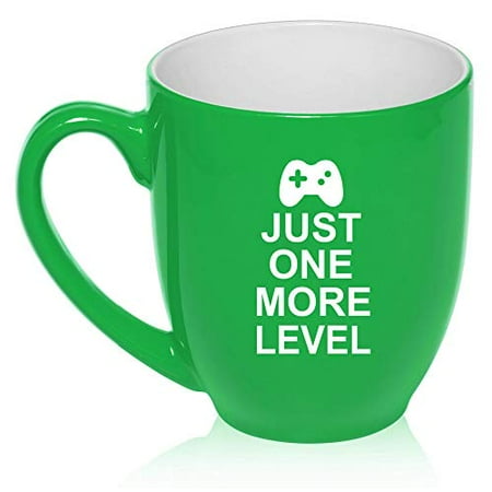 - 16 oz Large Bistro Mug Ceramic Coffee Tea Glass Cup Just One More Level Gamer Video Games (Green)
