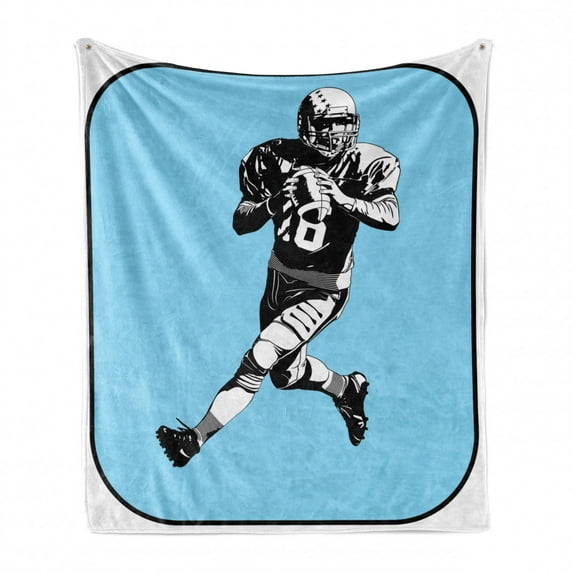 Sports Soft Flannel Fleece Throw Blanket, American Football League Game Rugby Player Run Original Retro Illustration, Cozy Plush for Indoor and Outdoor Use, 50" x 60", Blue Black White, by Ambesonne