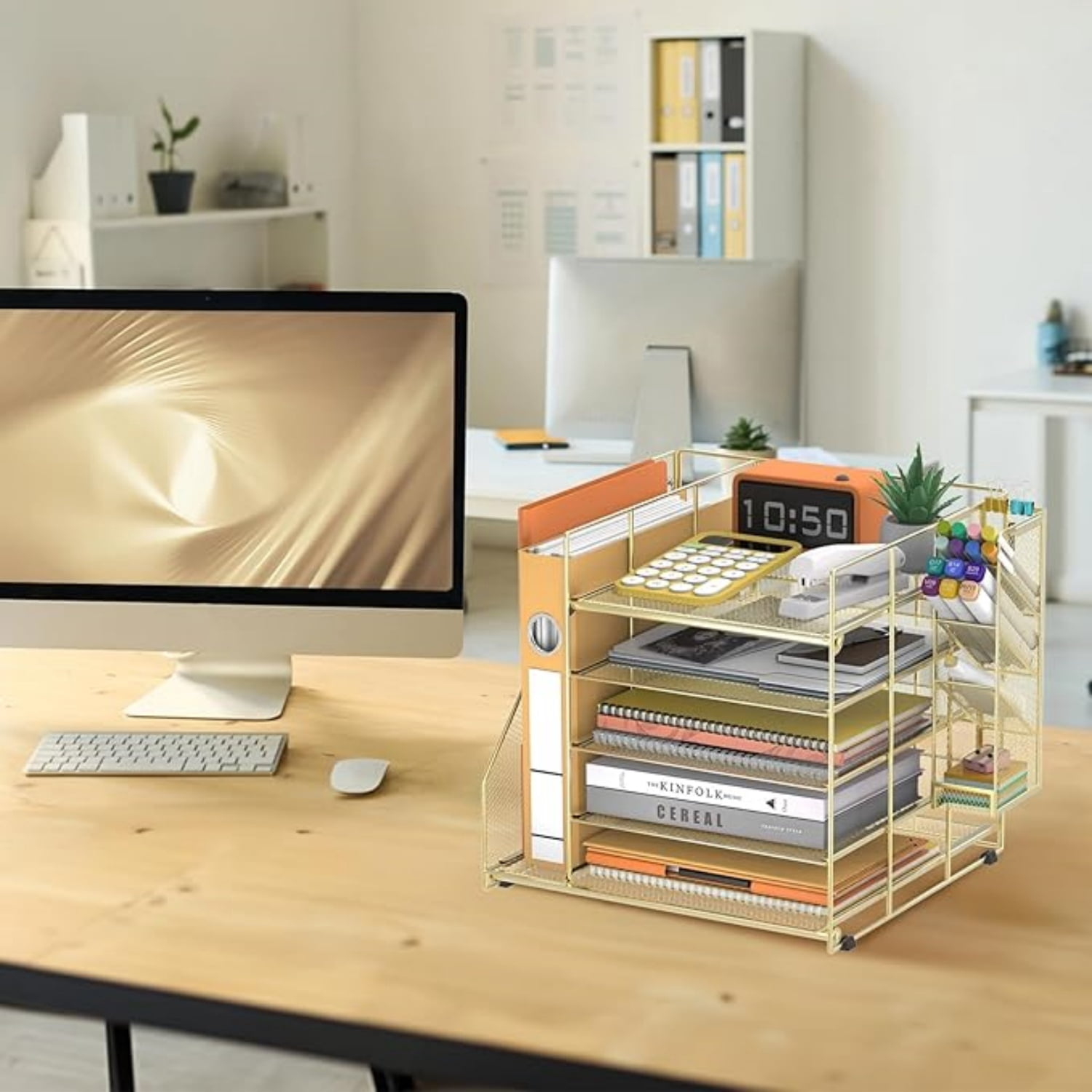 INTIGE Desk Organizer and accessories, 5-Tier Paper Organizer for Desk with Pen Holder and Magazine Holder, Paper Letter Tray for Home, Office