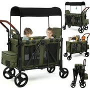 Vomeast Wagon Stroller for 2 Kids, 3-in-1 Stroller Wagon with Canopy, 5-Point Harness, Adjustable Handlebars, Removable Seat for Toddlers, Green